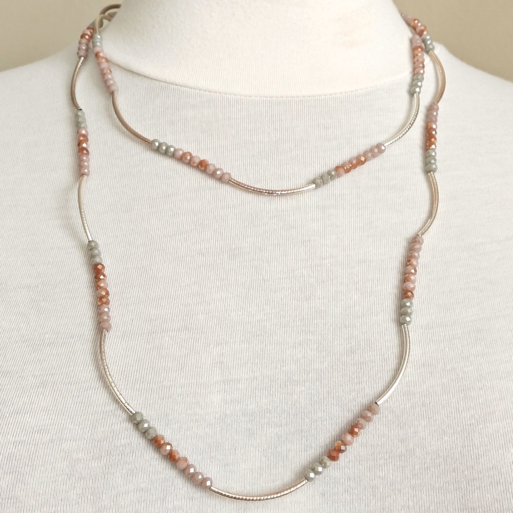 Long Beaded Station Stretch Necklace Rose Pink Grey Silver Tone Wavy Tube Bead